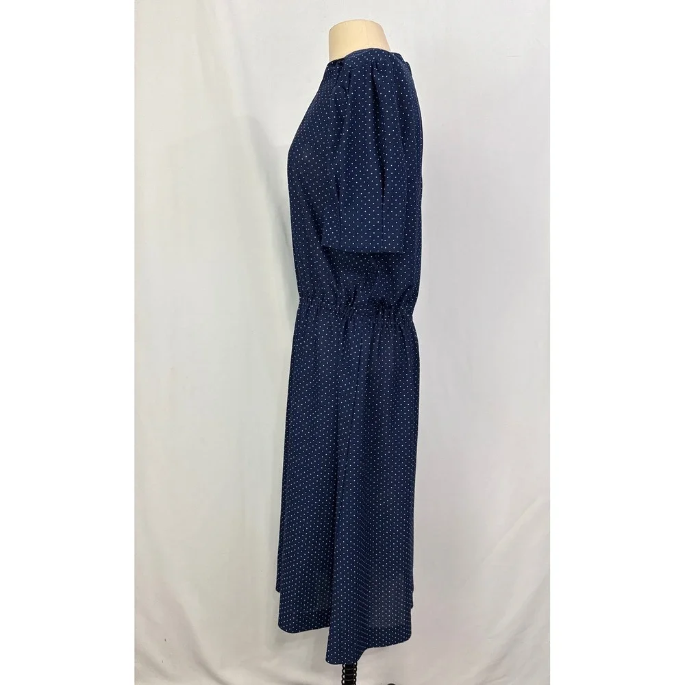 Vintage Navy Blue Polka Dot Midi Dress Short Puff Sleeve Elastic Waist Retro L